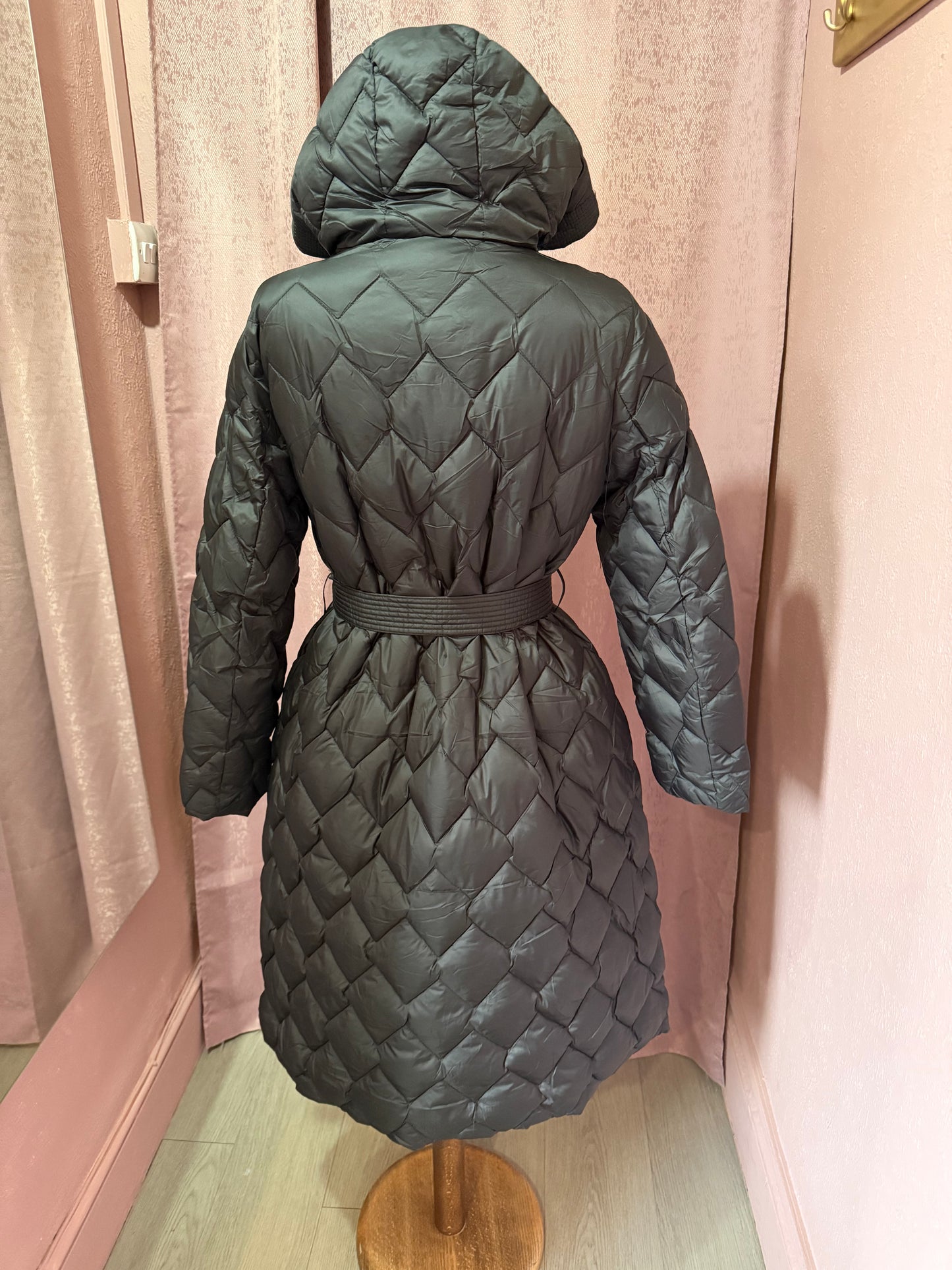 Black Quilted Belted Coat with Hood