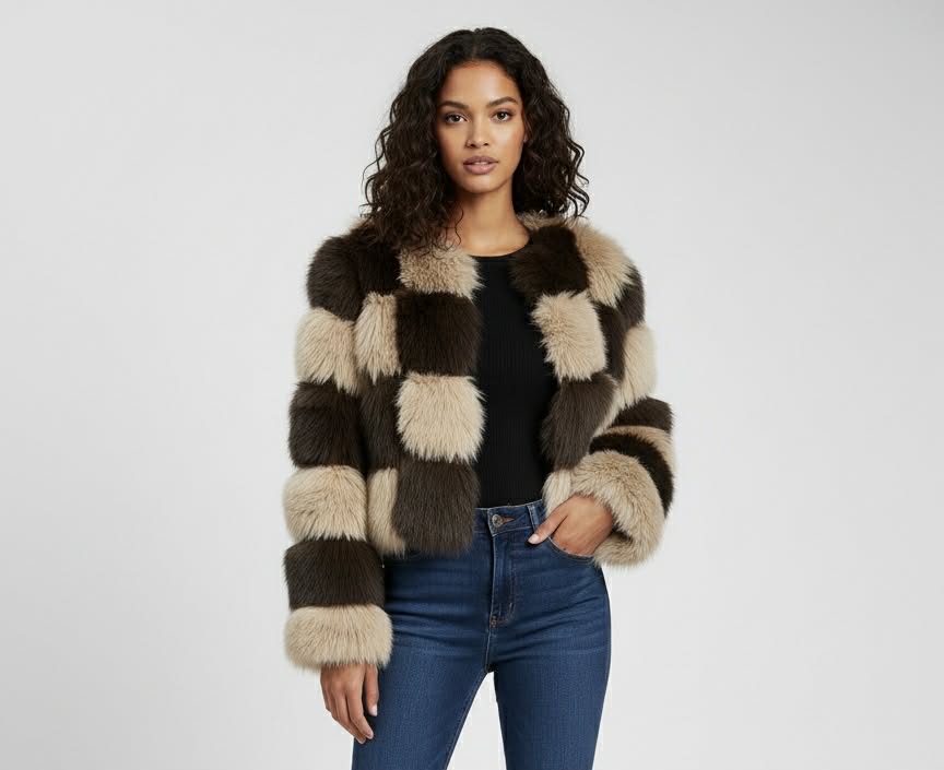 Checkered faux-fur jacket