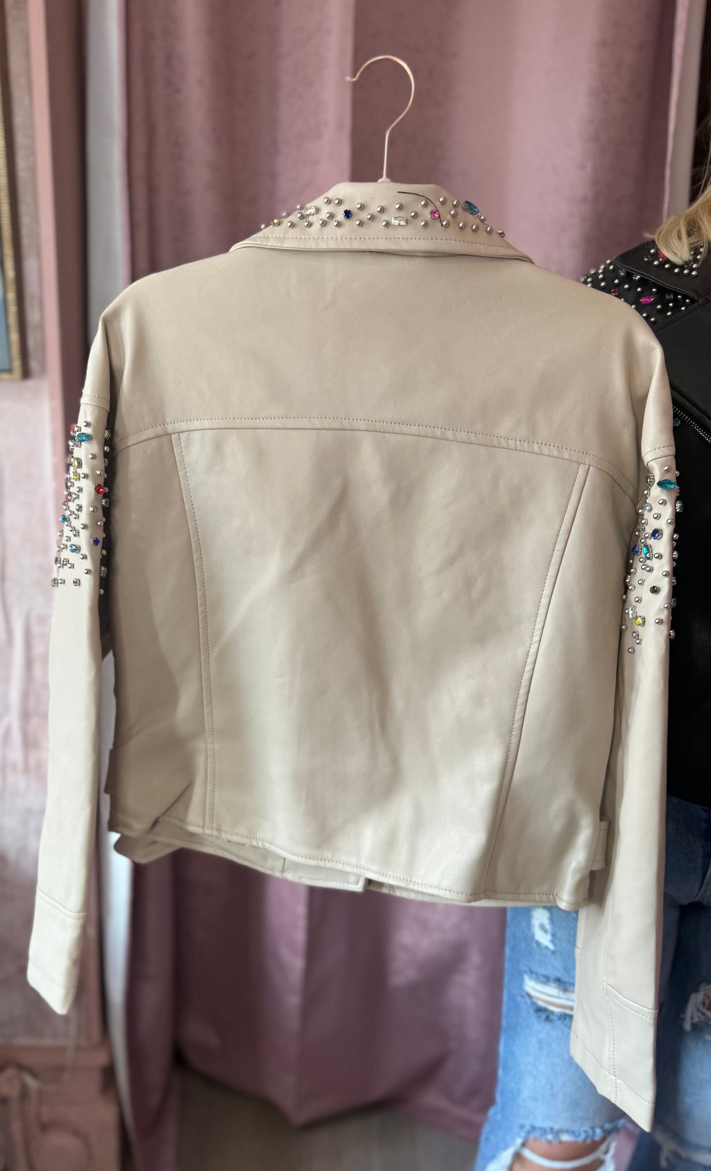 Rhinestone Faux Leather Jacket