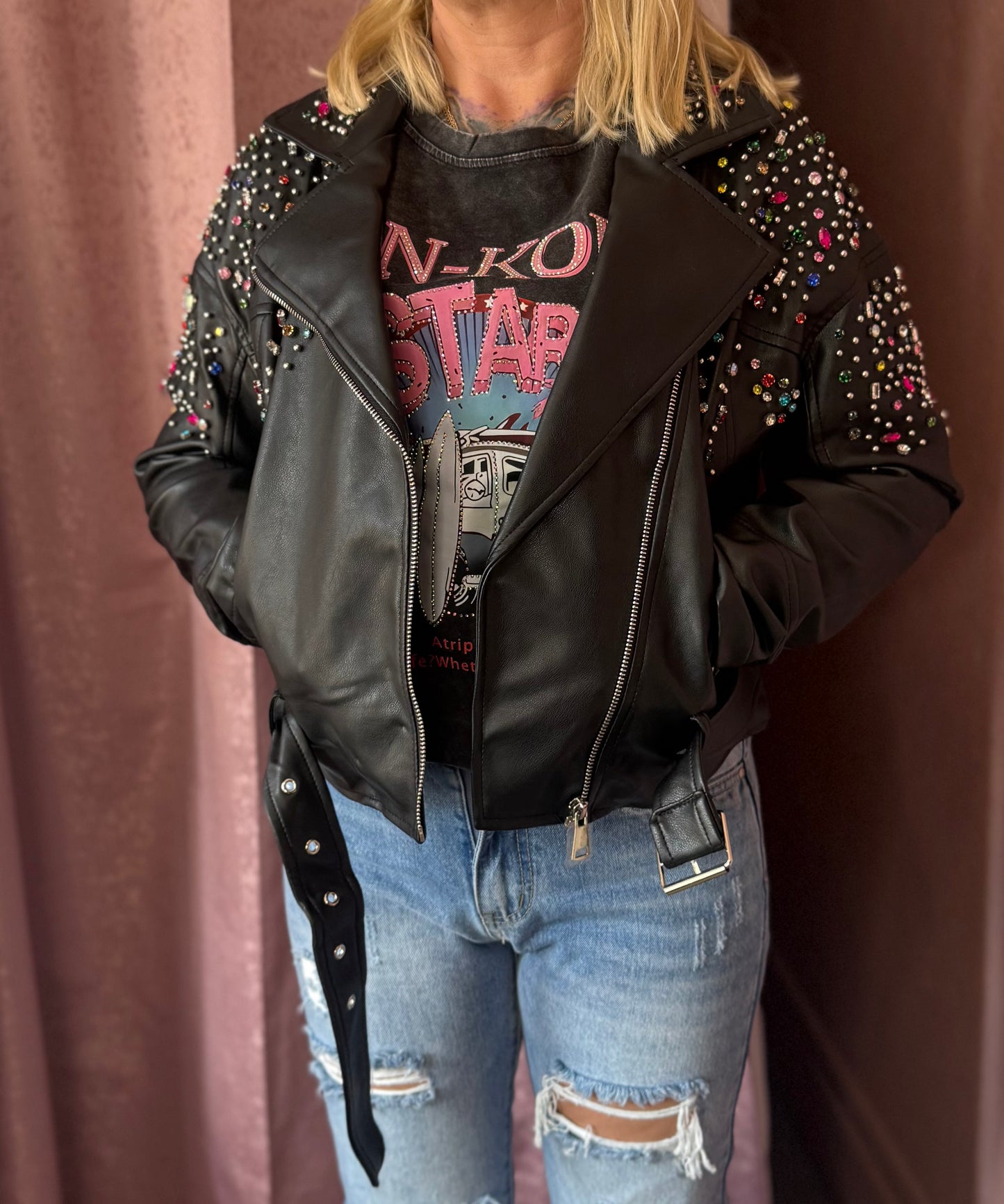 Rhinestone Faux Leather Jacket