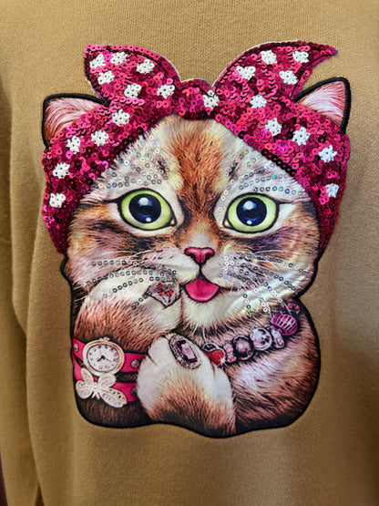 Sequin Cat Print Sweater