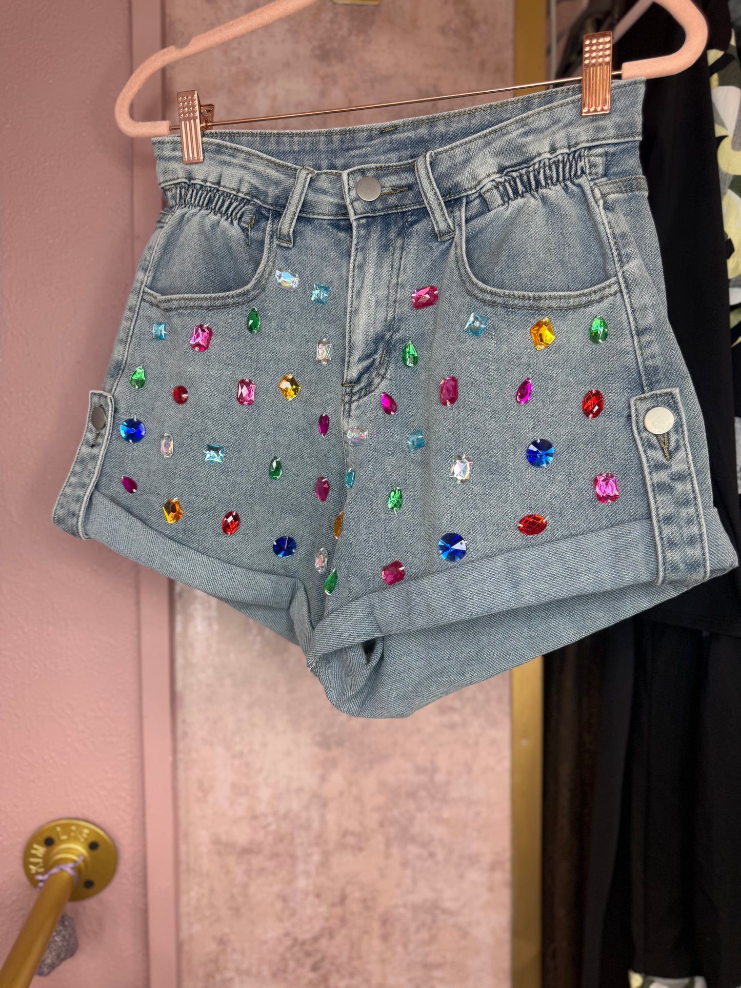 Denim shorts with multicolour gems