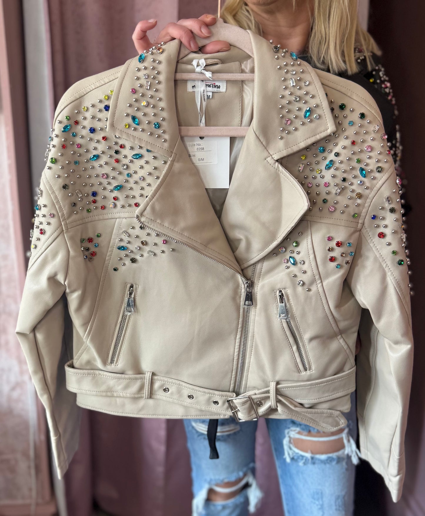Rhinestone Faux Leather Jacket