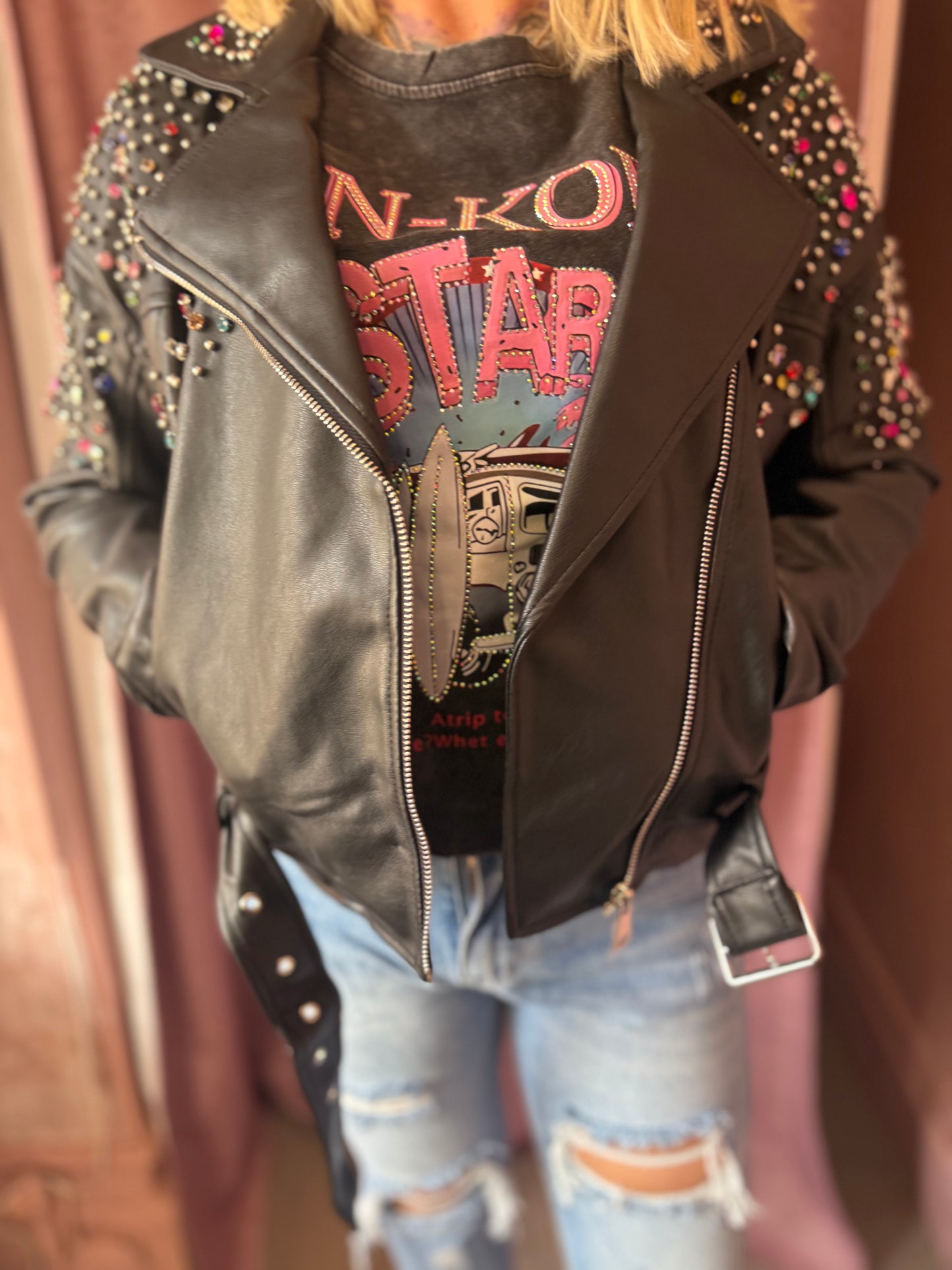 Rhinestone Faux Leather Jacket
