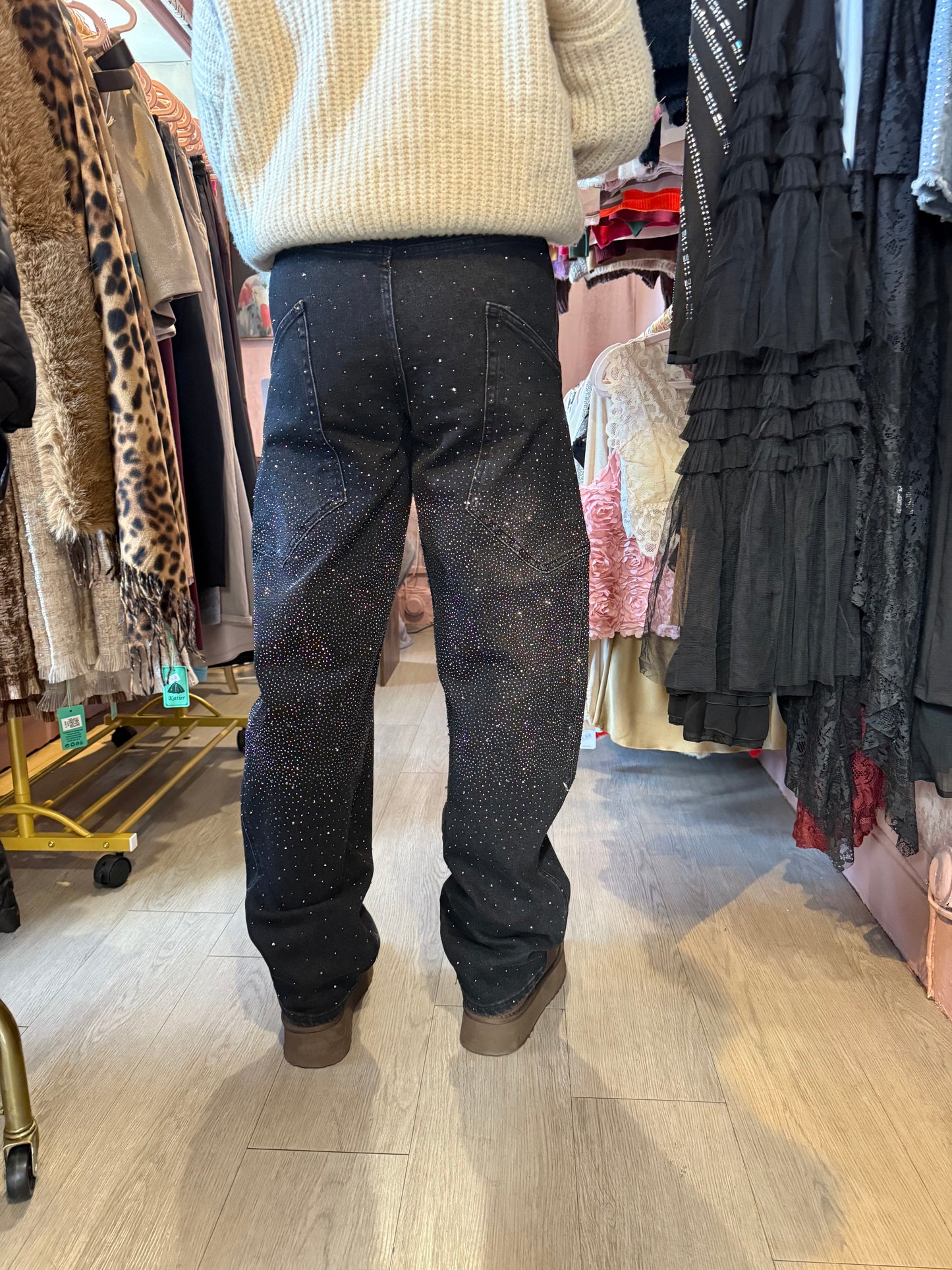 Bling Balloon Jeans – White Crystal Detail | High Waist