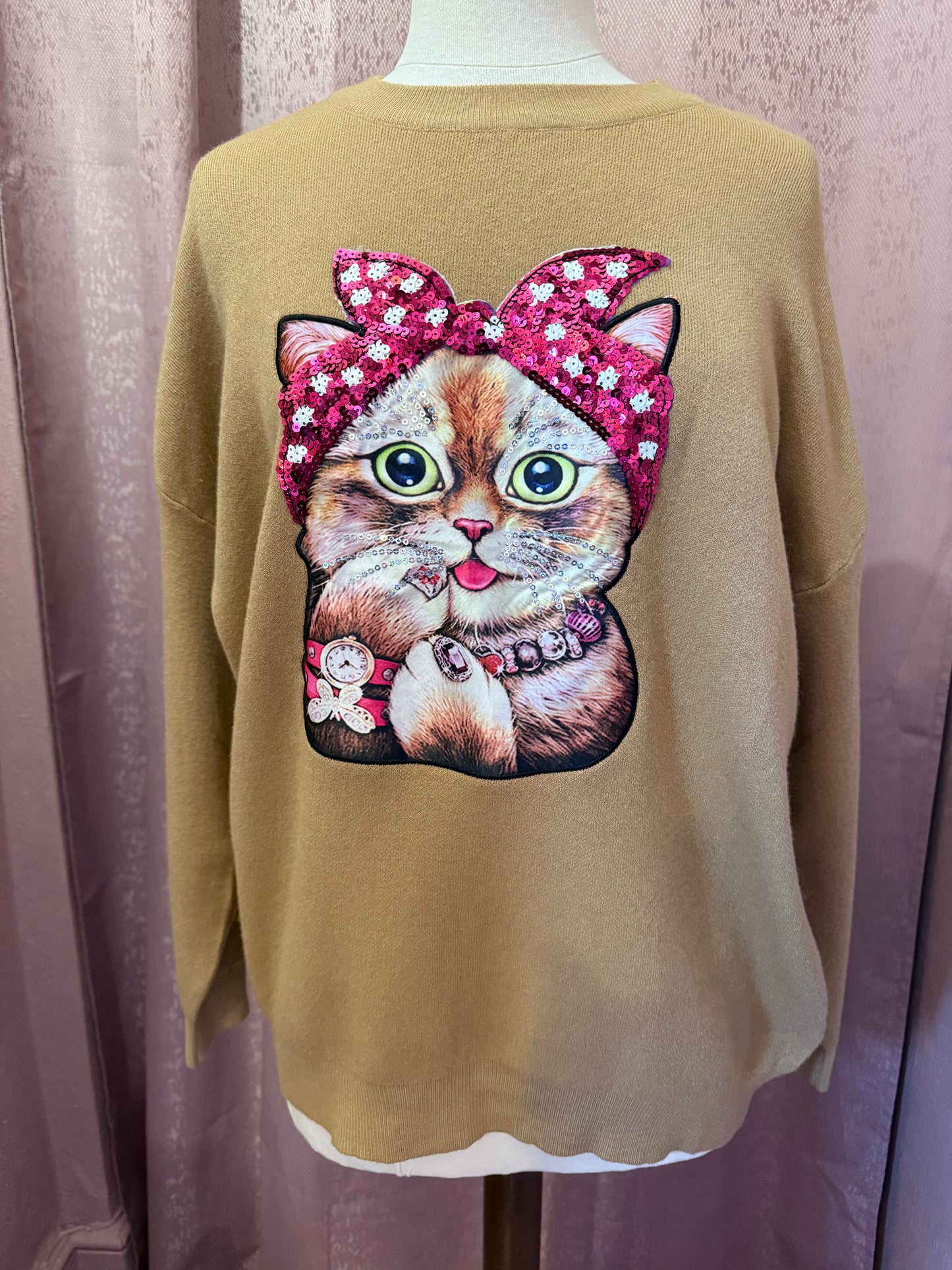 Sequin Cat Print Sweater