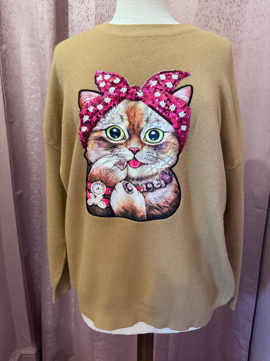 Sequin Cat Print Sweater