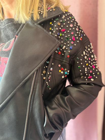 Rhinestone Faux Leather Jacket