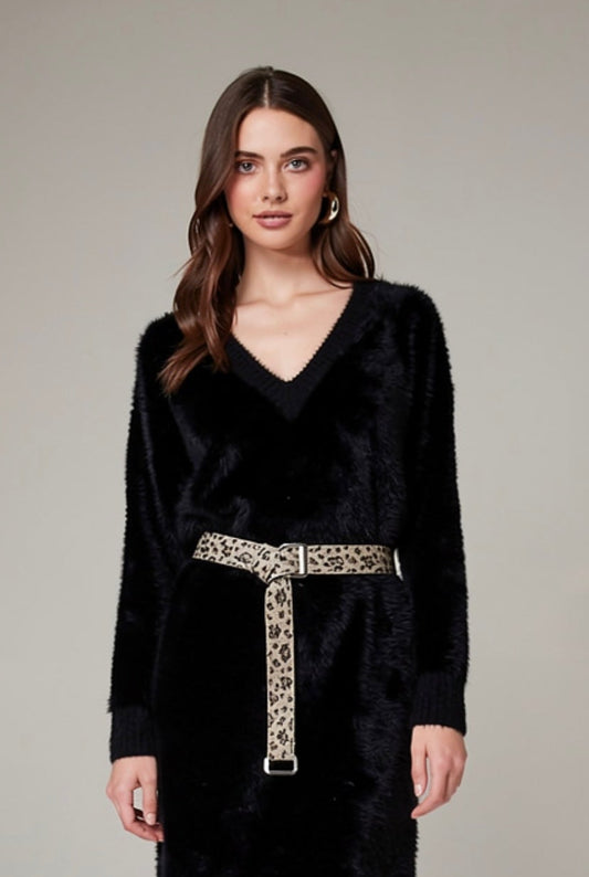 Alpaca-Blend Black Dress with Belt