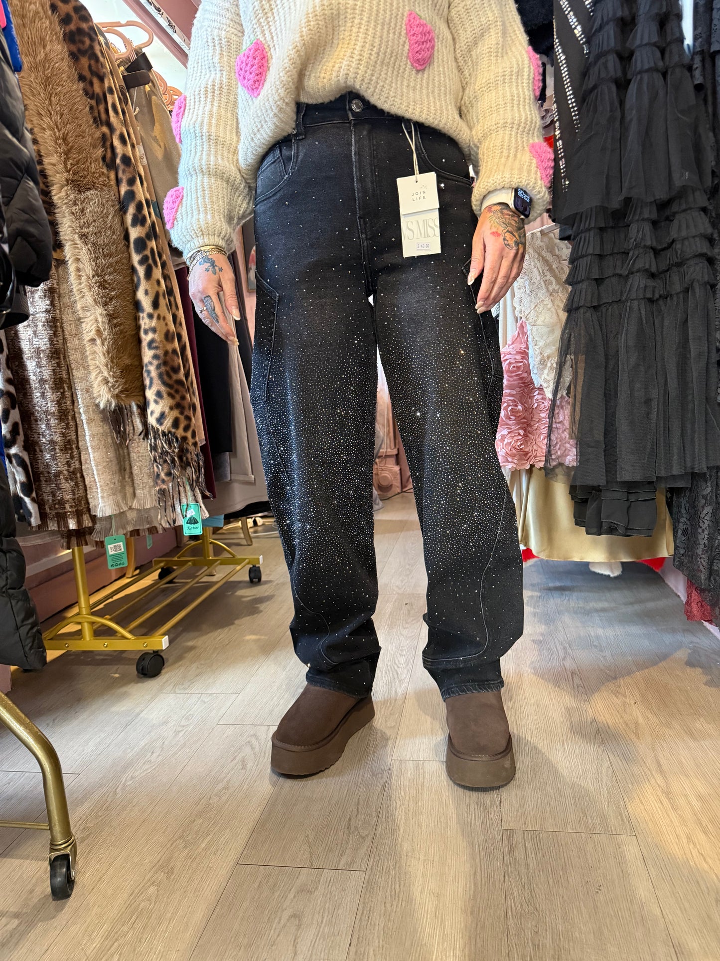 Bling Balloon Jeans – White Crystal Detail | High Waist