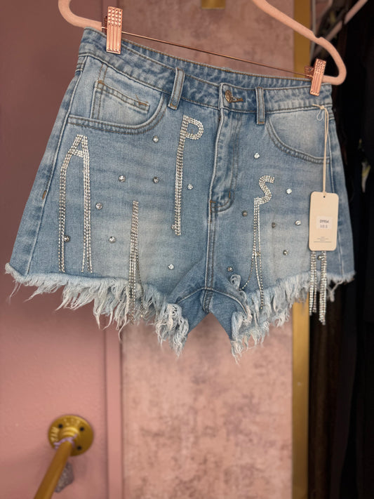 Denim shorts with diamanté detail