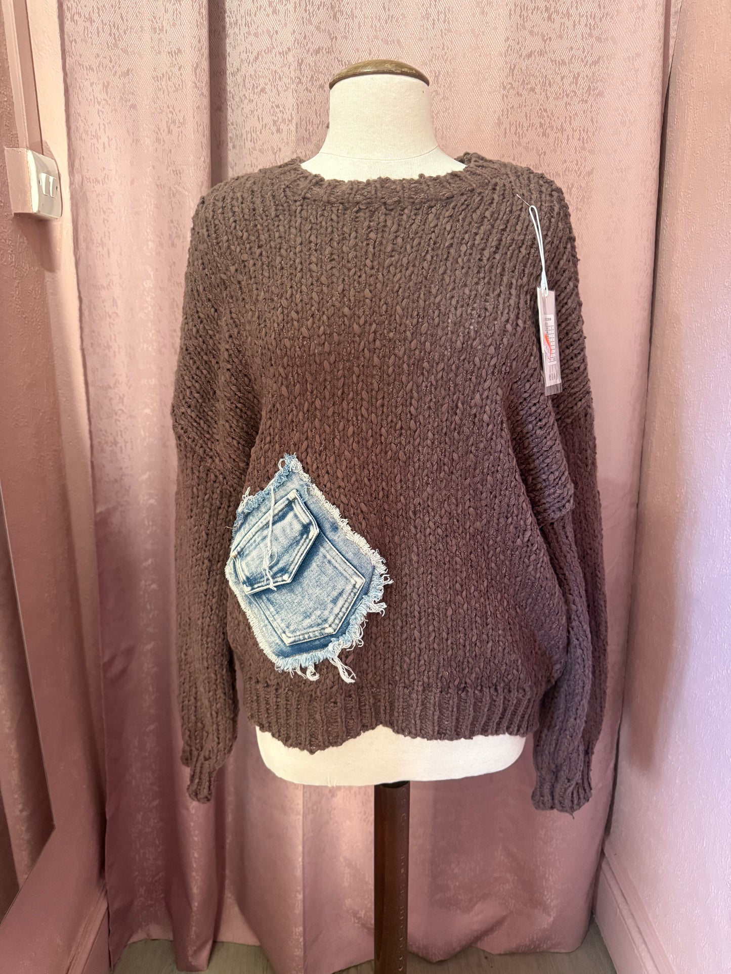 Chunky Knit Sweater with Denim Pocket Detail