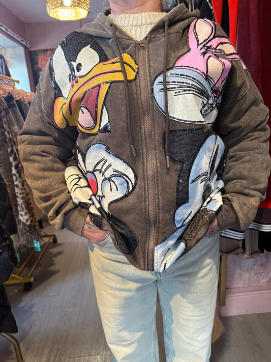 Cartoon Print Zip-Up Hoodie – Oversized Fit