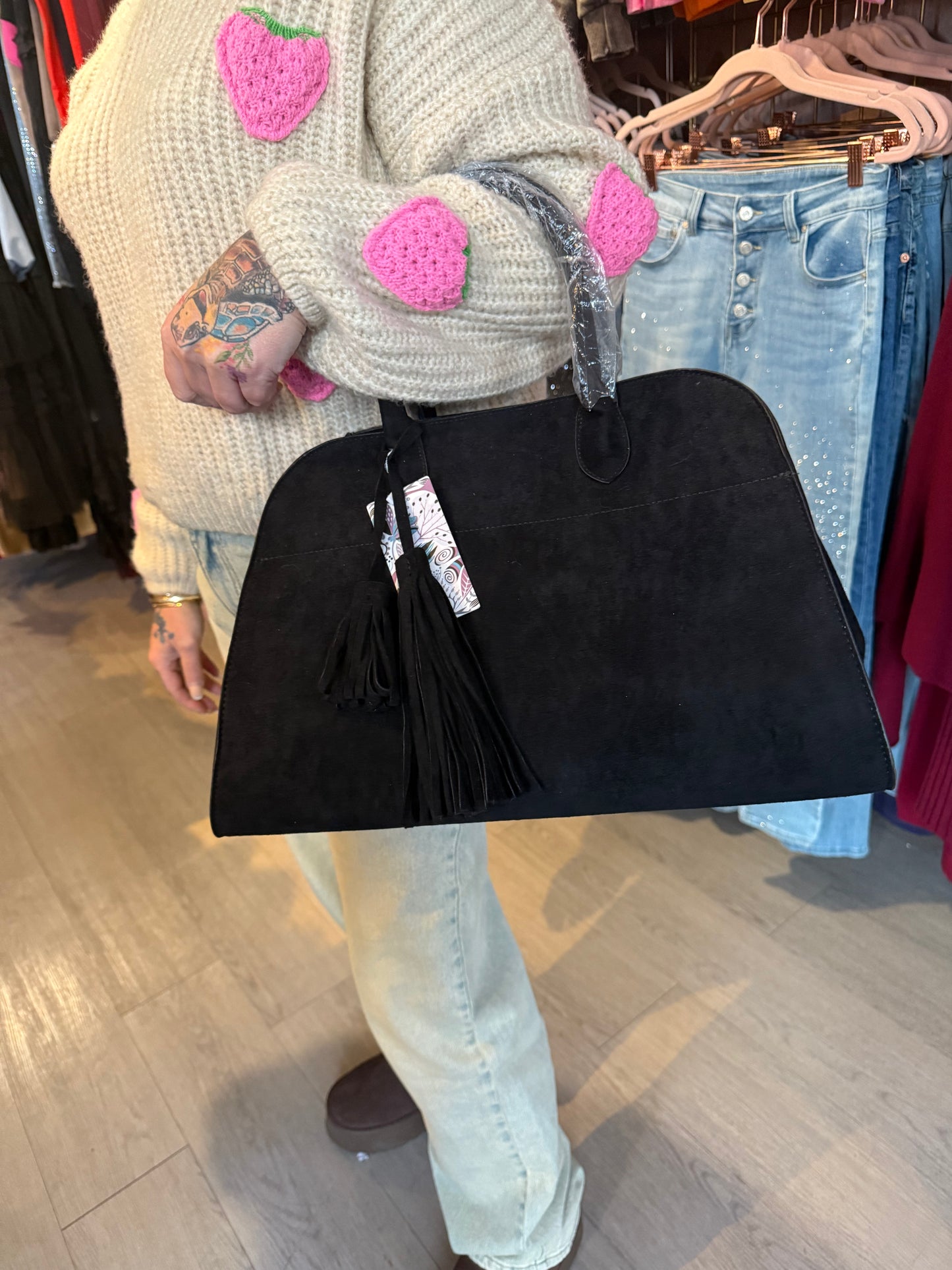 Suede-Style Tote Bag with Tassel Detail