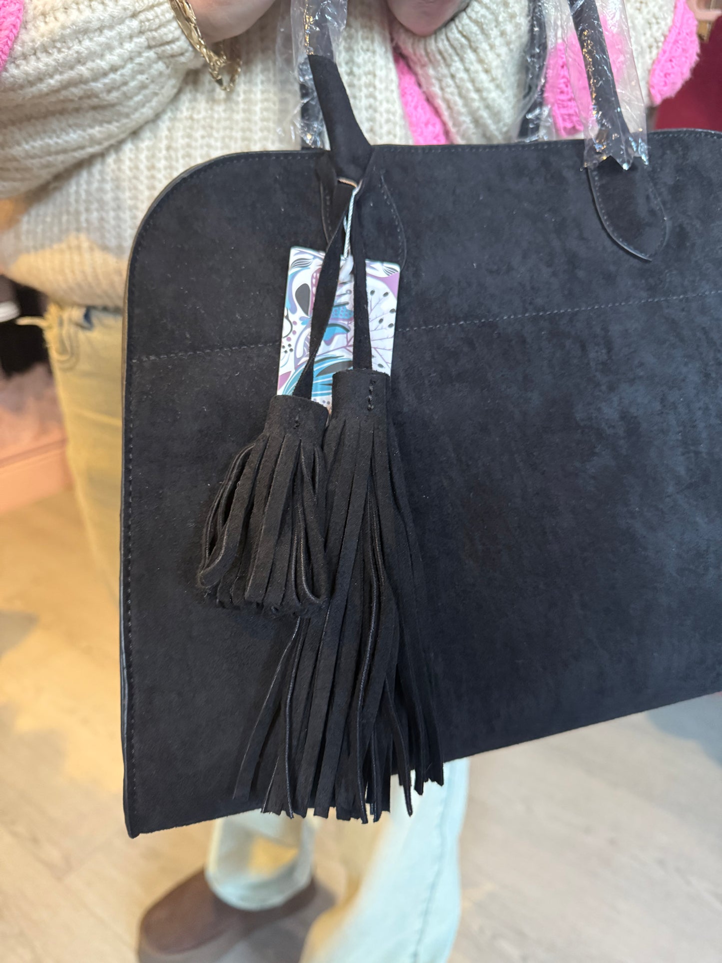 Suede-Style Tote Bag with Tassel Detail