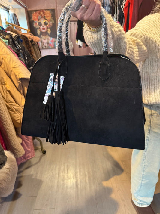 Suede-Style Tote Bag with Tassel Detail