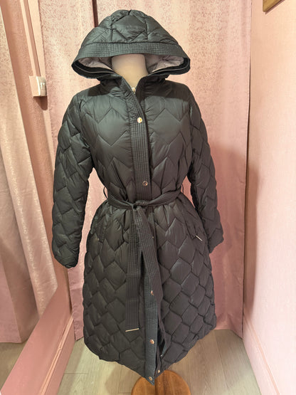 Black Quilted Belted Coat with Hood