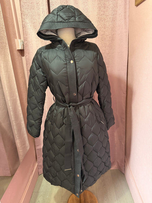 Black Quilted Belted Coat with Hood