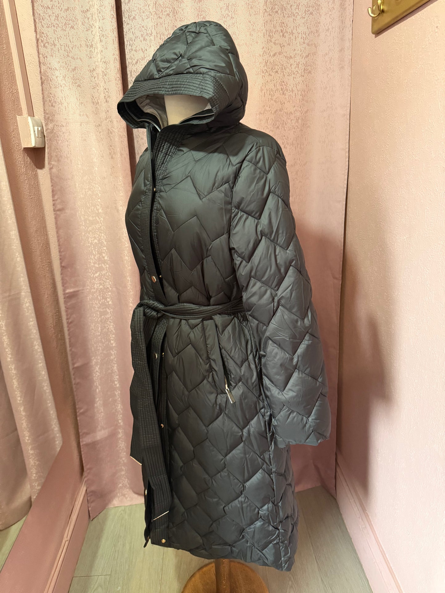 Black Quilted Belted Coat with Hood