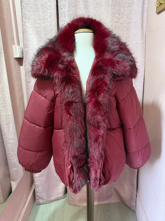 Burgundy Puffer Jacket with Detachable Faux Fur