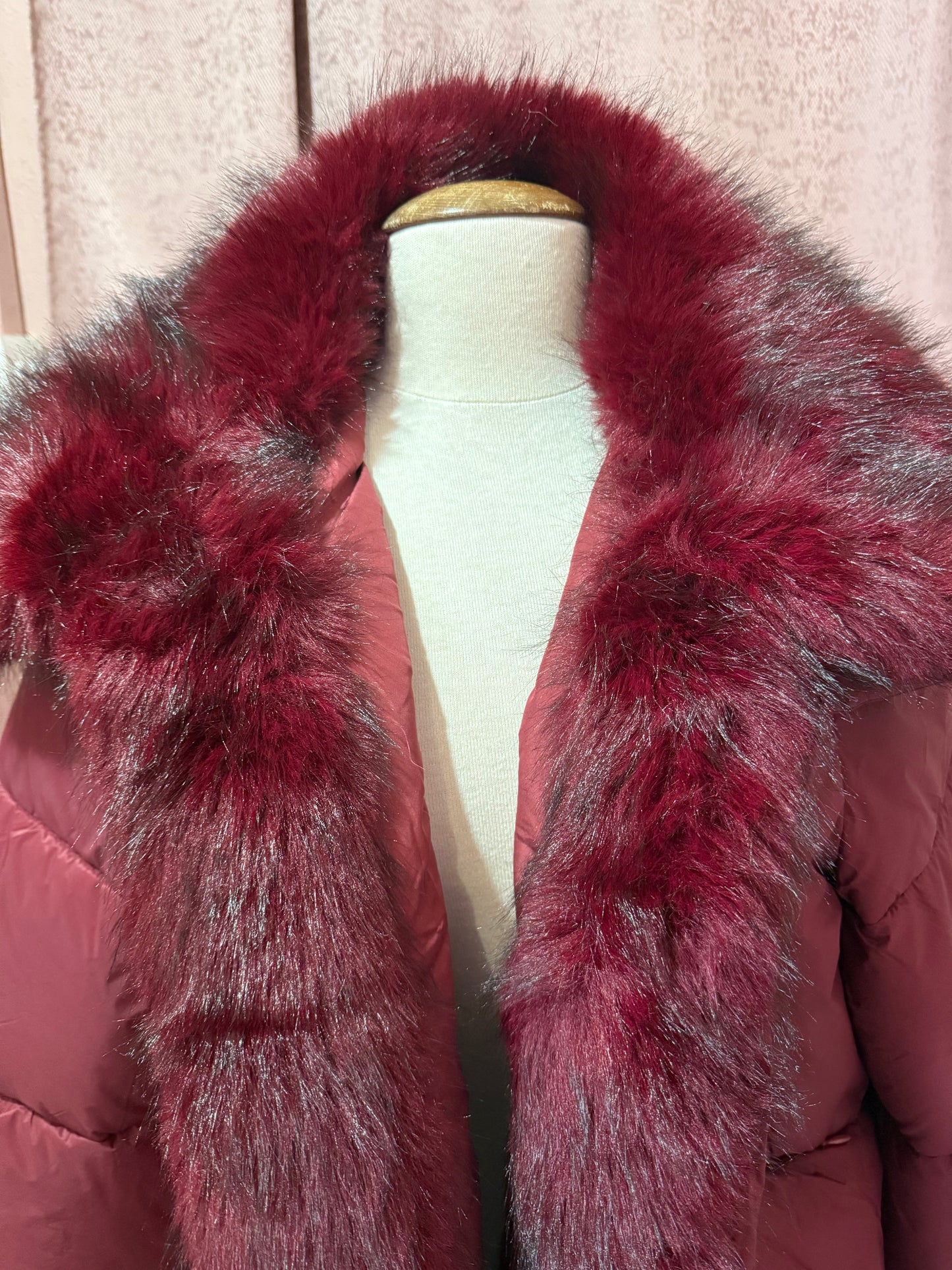 Burgundy Puffer Jacket with Detachable Faux Fur