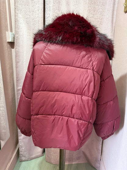 Burgundy Puffer Jacket with Detachable Faux Fur