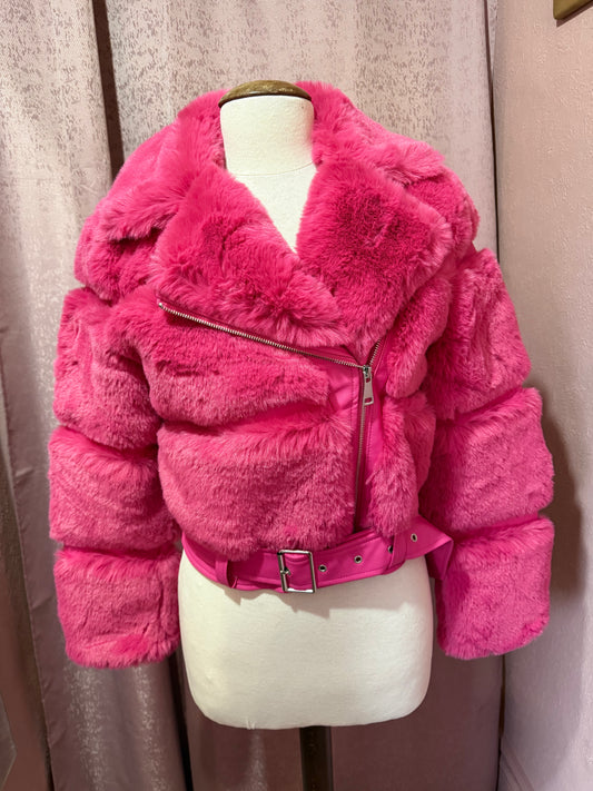 Pink Faux Fur Belted Jacket