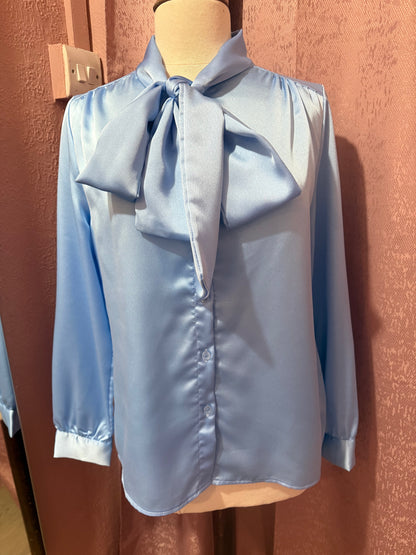 Blue Satin Tie-Neck Blouse