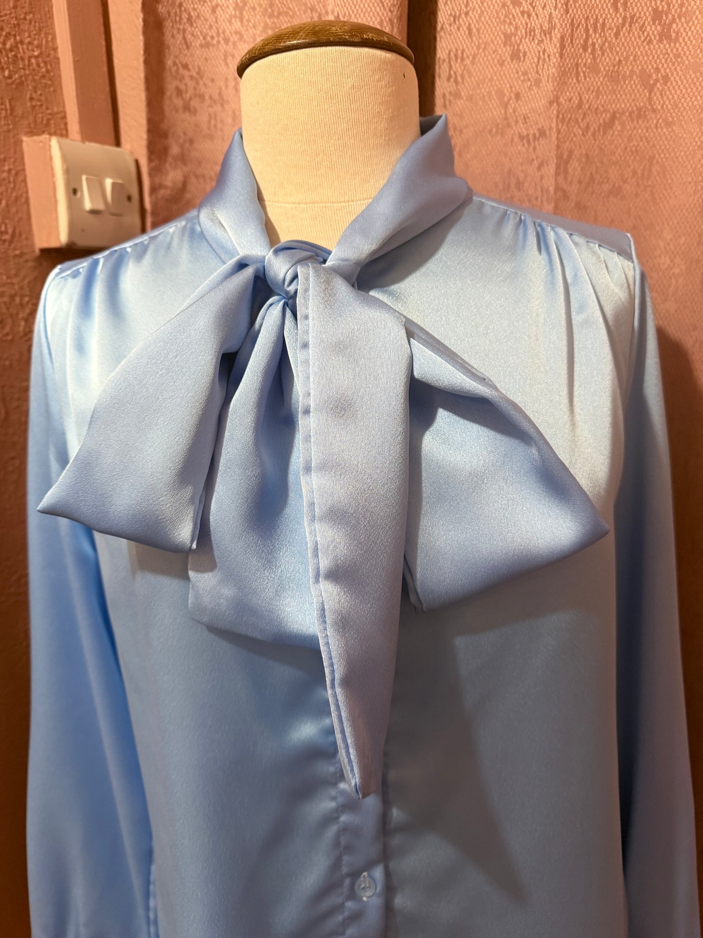 Blue Satin Tie-Neck Blouse