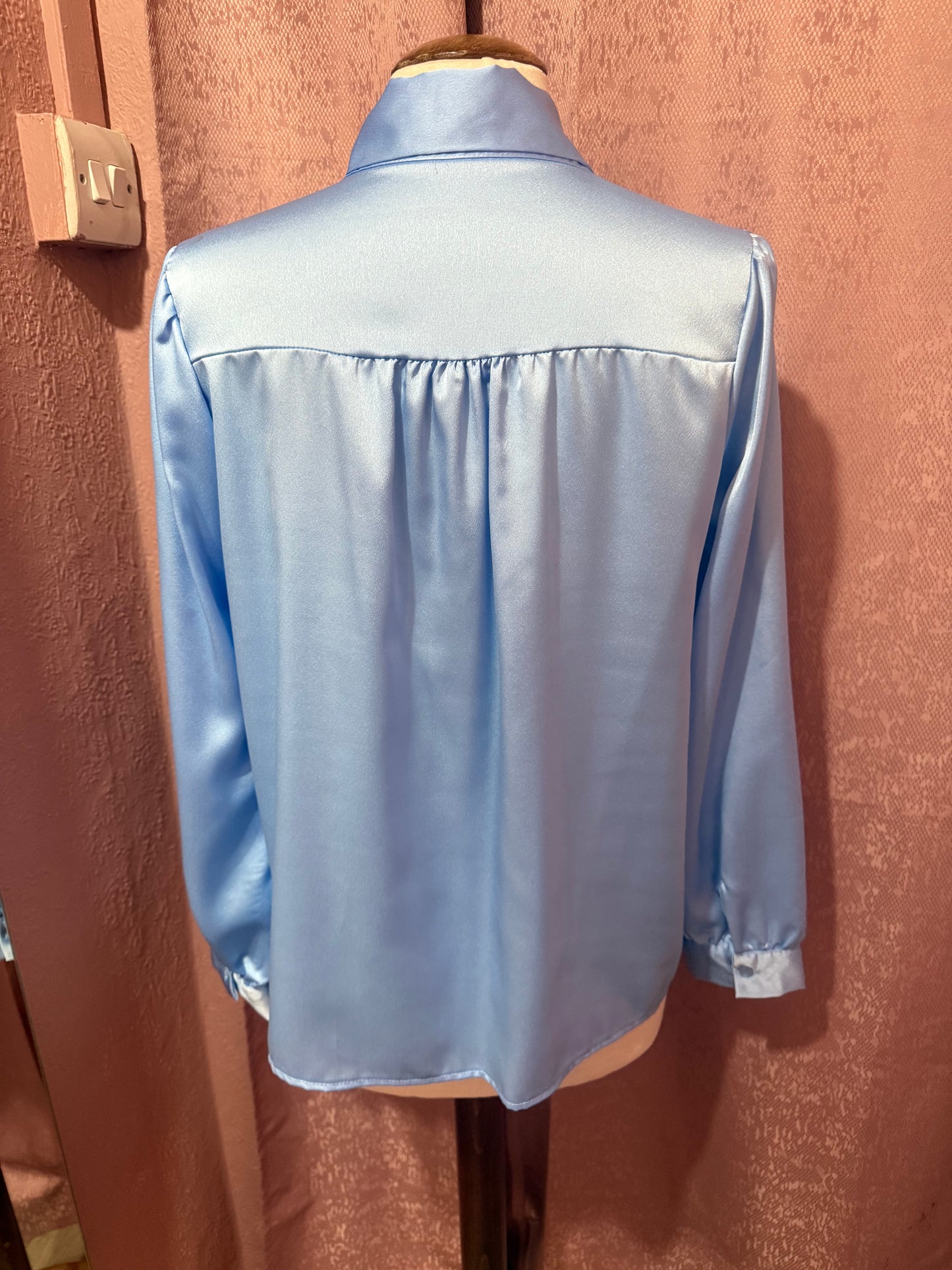 Blue Satin Tie-Neck Blouse