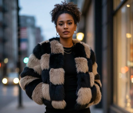 Checkered faux-fur jacket